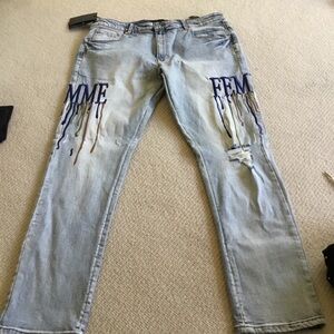 Slim Straight Light Blue Men's Jeans with Drip Embroidery